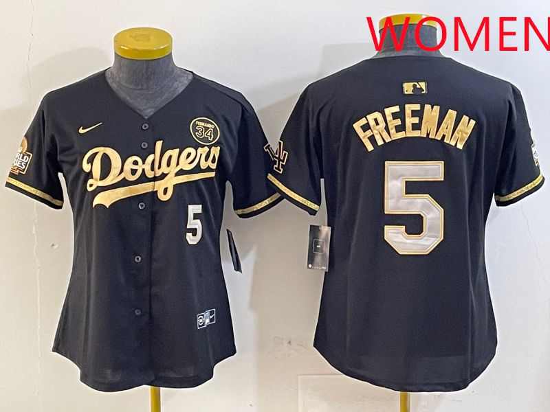 Women Los Angeles Dodgers 5 Freeman Black Gold Game 2025 Nike MLB Jersey style 1